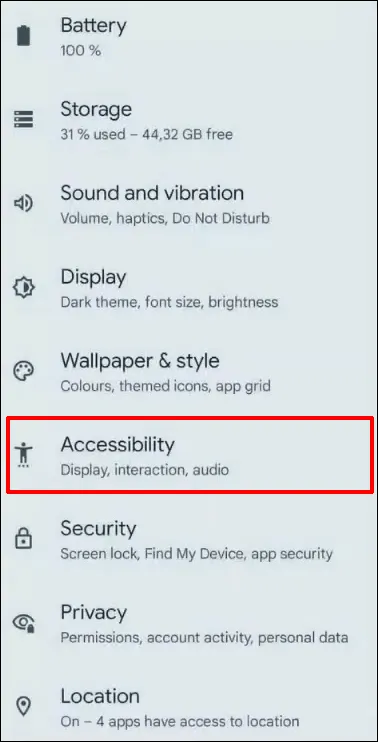 گزینه Accessibility در تنظیمات اندروید