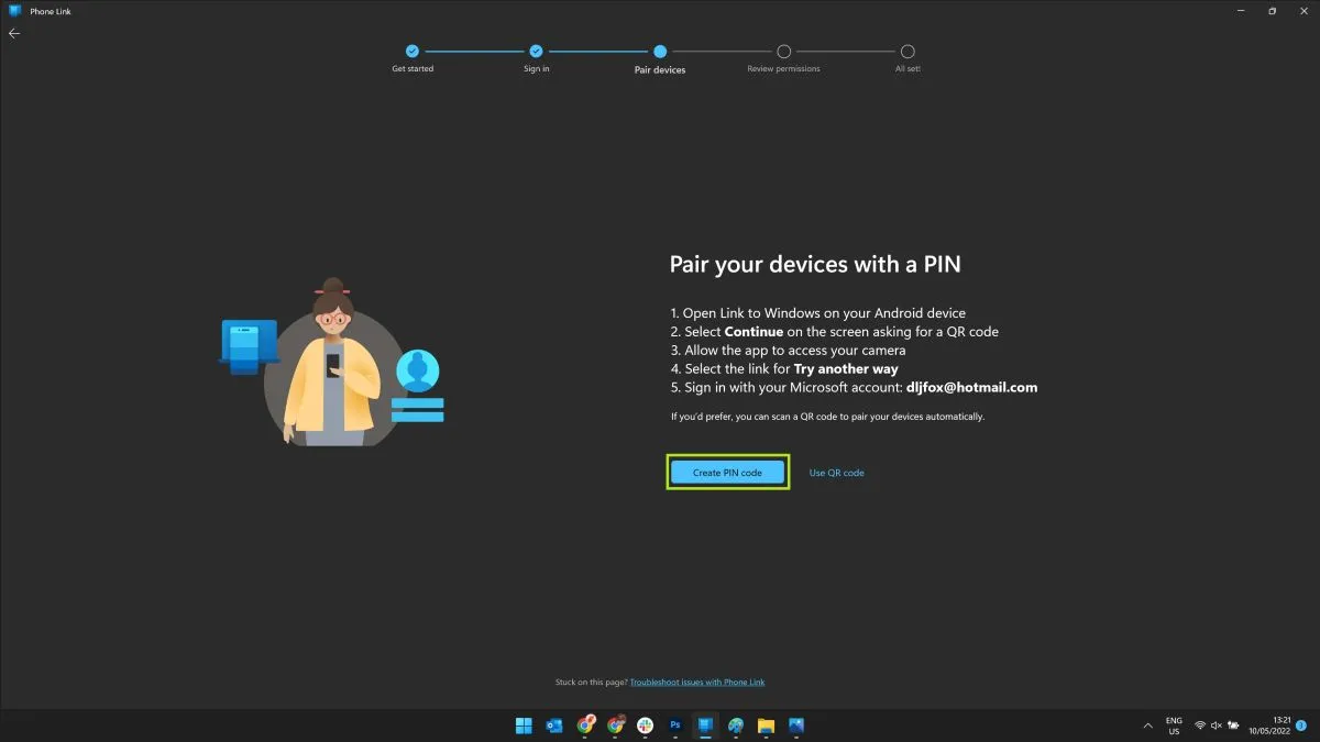 دکمه Create PIN code در نحوه انتقال عکس و فیلم از گوشی سامسونگ به کامپیوتر با برنامه Phone Link