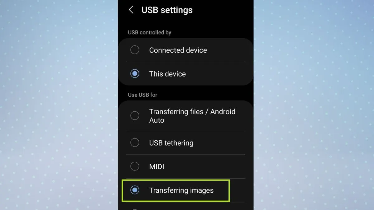 انتخاب File transfer / Android Auto under Use USB