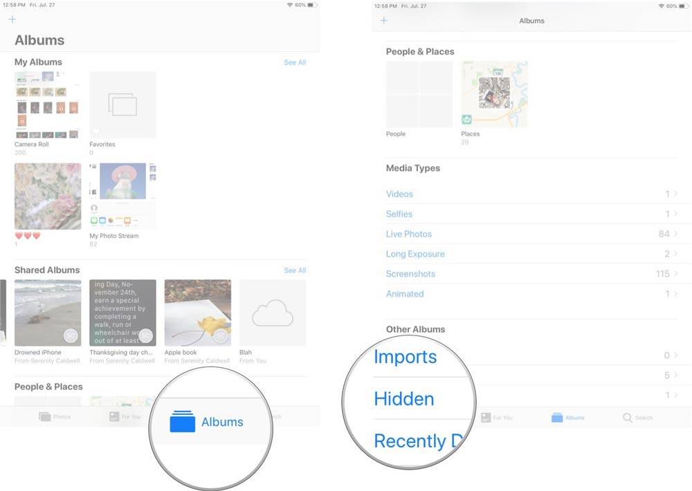 در آیفون یا آیپد iOS 12 خود بخش Photos را باز کنید, تب Albums را بتپید, آلبوم Hidden یا پنهانده را برگزینید, در بالا گوشه راست برنامه، Select را بتپید,روشتک,raveshtech