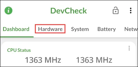 زبانه Hardware برای تشخیص نوع پردازنده اندروید با DevCheck