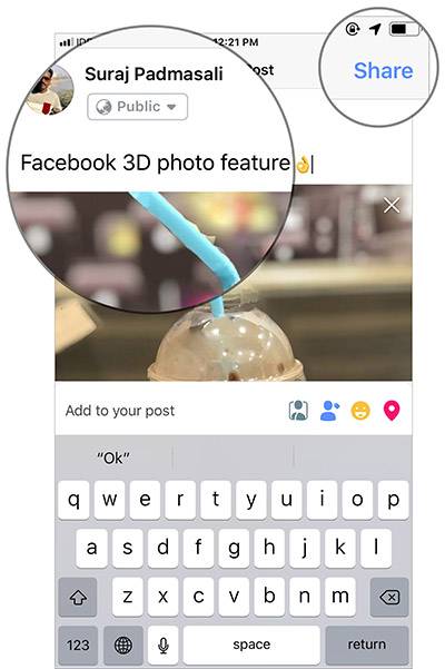 اکنون درباره عکس خود، چیزی نوشته و دکمه Share یا اشتراک گذاری را بتپید.,چگونه با آیفون خود، عکس های 3D را در Facebook پست نمائیم؟,روشتک, raveshtech