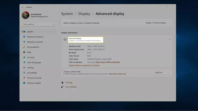 بخش Display 1: Connected to ویندوز