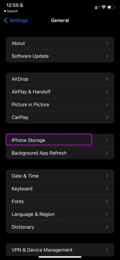 منوی iPhone Storage