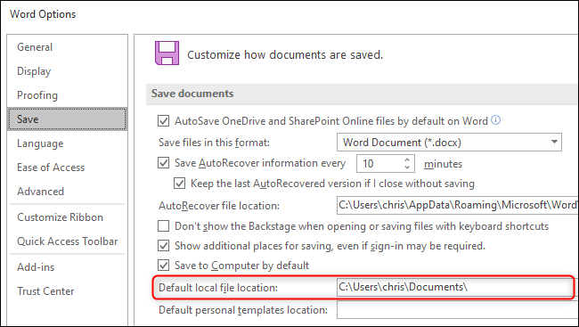 با کلیک Browse در سمت راست گزینه Default File Location، جای تازه ای را برای ذخیره اسناد خود برگزینید.