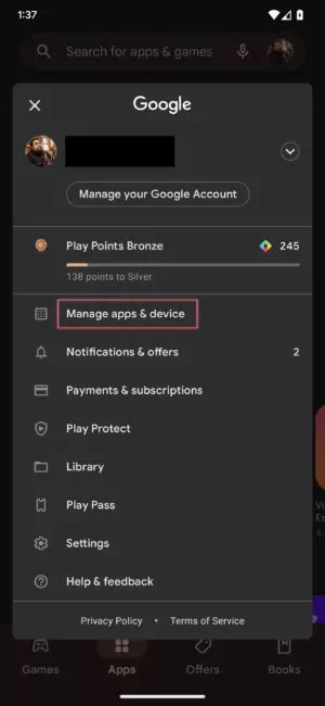 بخش Manage apps & device در Play Store گوگل