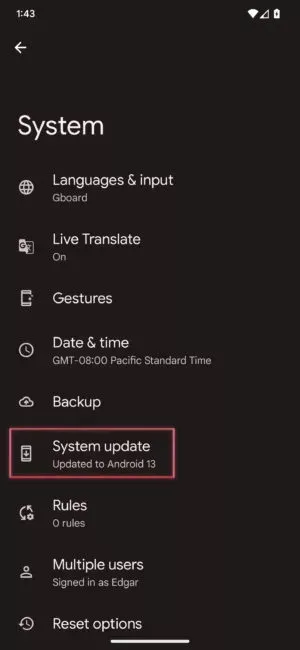 منوی System update در تنظیمات آیفون