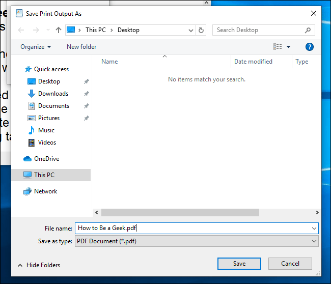 هنگامی که پنجره Save Print Output As نمایان شد، برای سند نامی برگزیده و سپس، جای ذخیره آن را همانند پوشه Documents یا Desktop مشخص کنید. پس از آن دکمه Save را بزنید.
