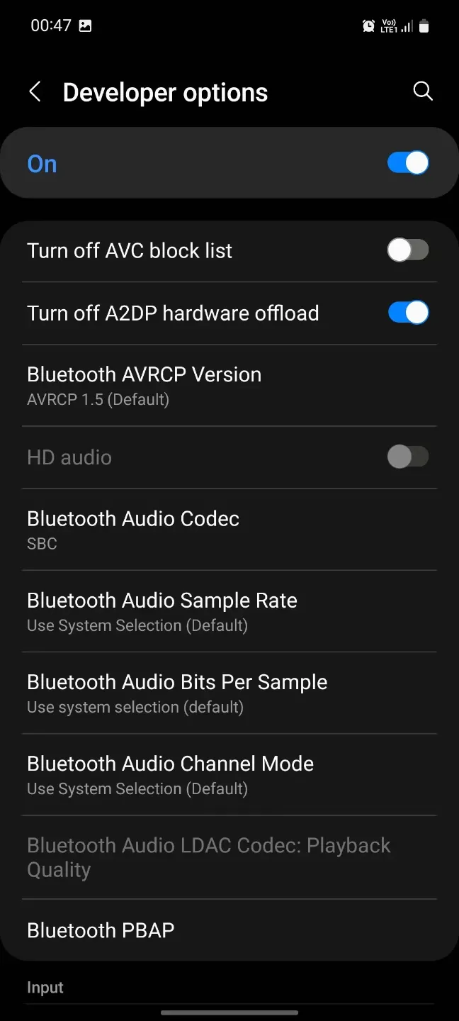 گزینه گزینه Bluetooth Audio Codec در بخش Developer options سامسونگ