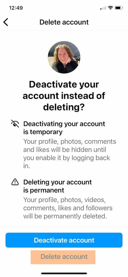 دکمه Delete Account برای دیلیت اکانت اینستاگرام ایفون